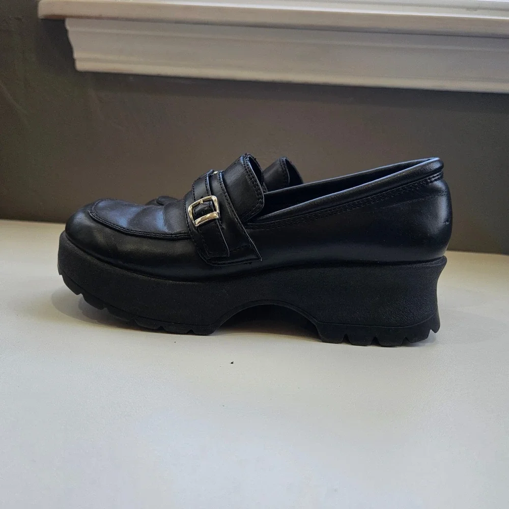 Vintage LEI 90s Y2K Black Chunky Platform Loafers Buckle Shoes Womens Size 6M